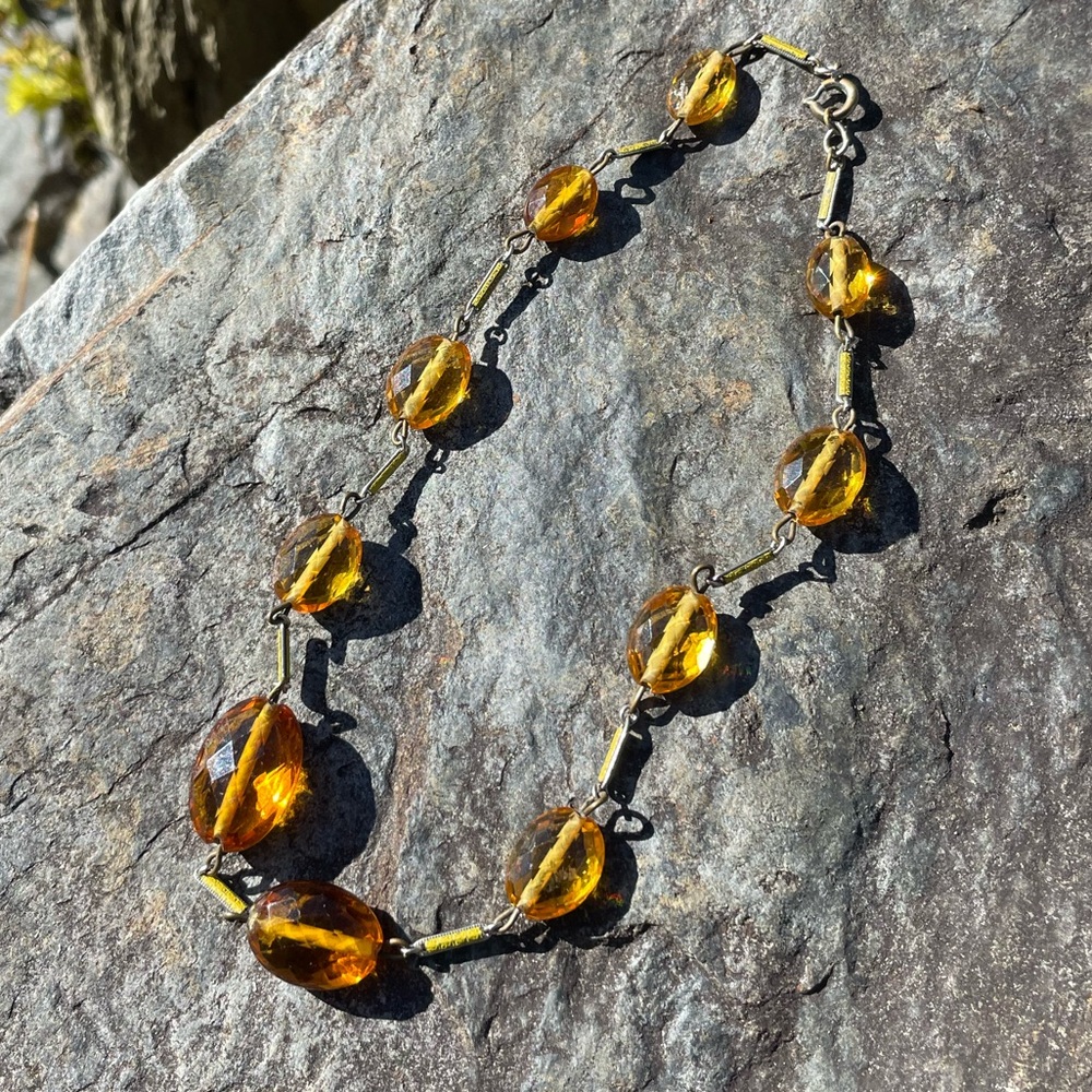 Vintage Yellow Topaz Glass Art Deco Beaded Silver Necklace